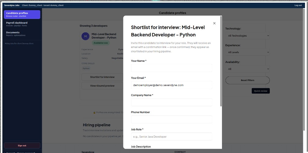 Shortlist for interview modal with employer contact form
